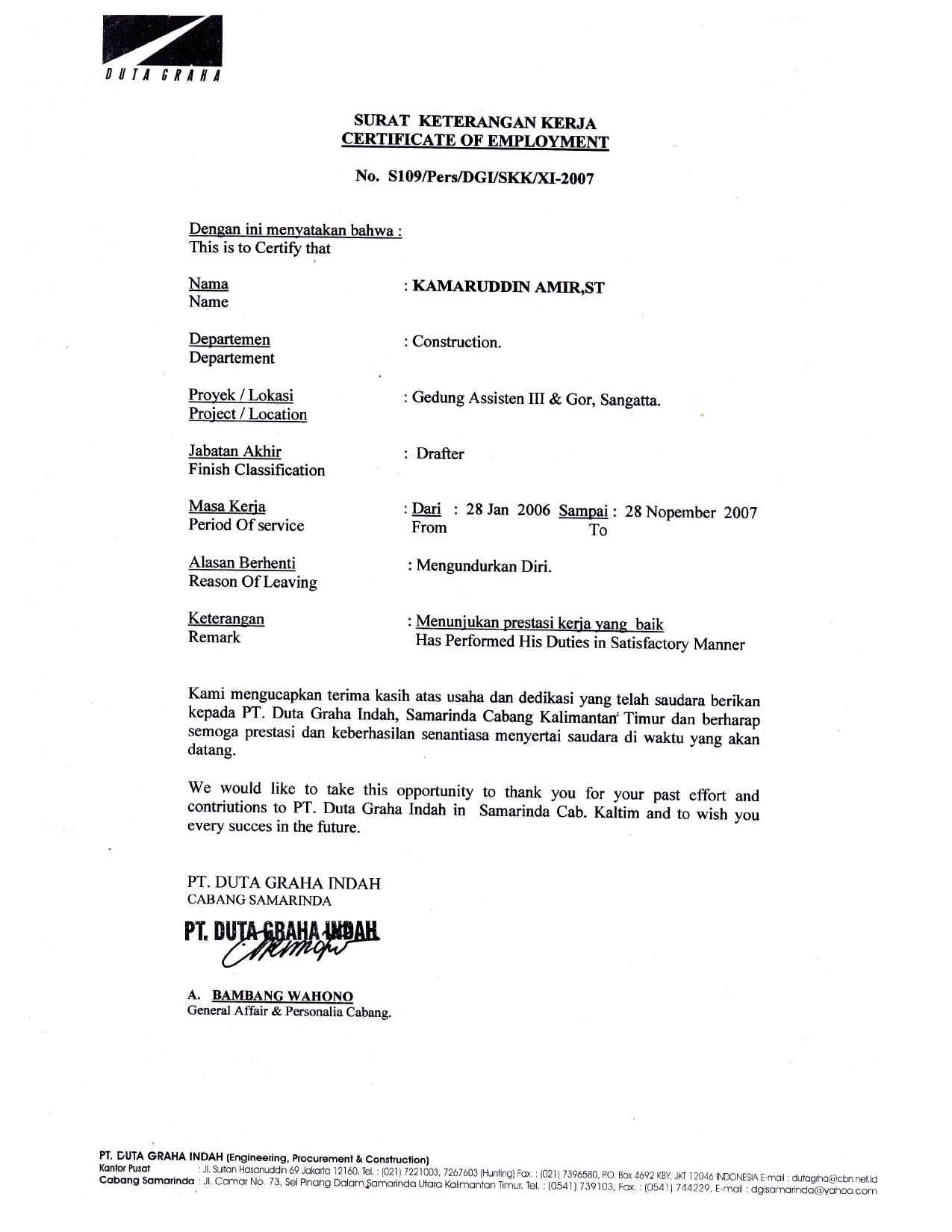 Keterangan Kerja PT. DGI