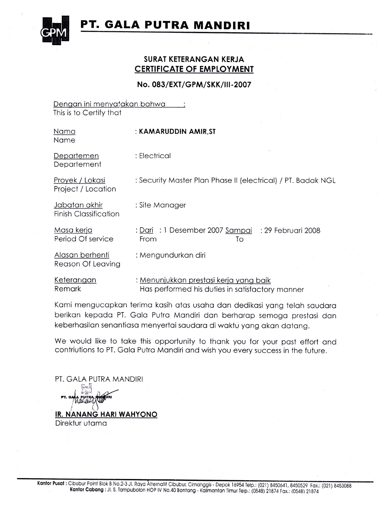 Keterangan Kerja PT. GPM