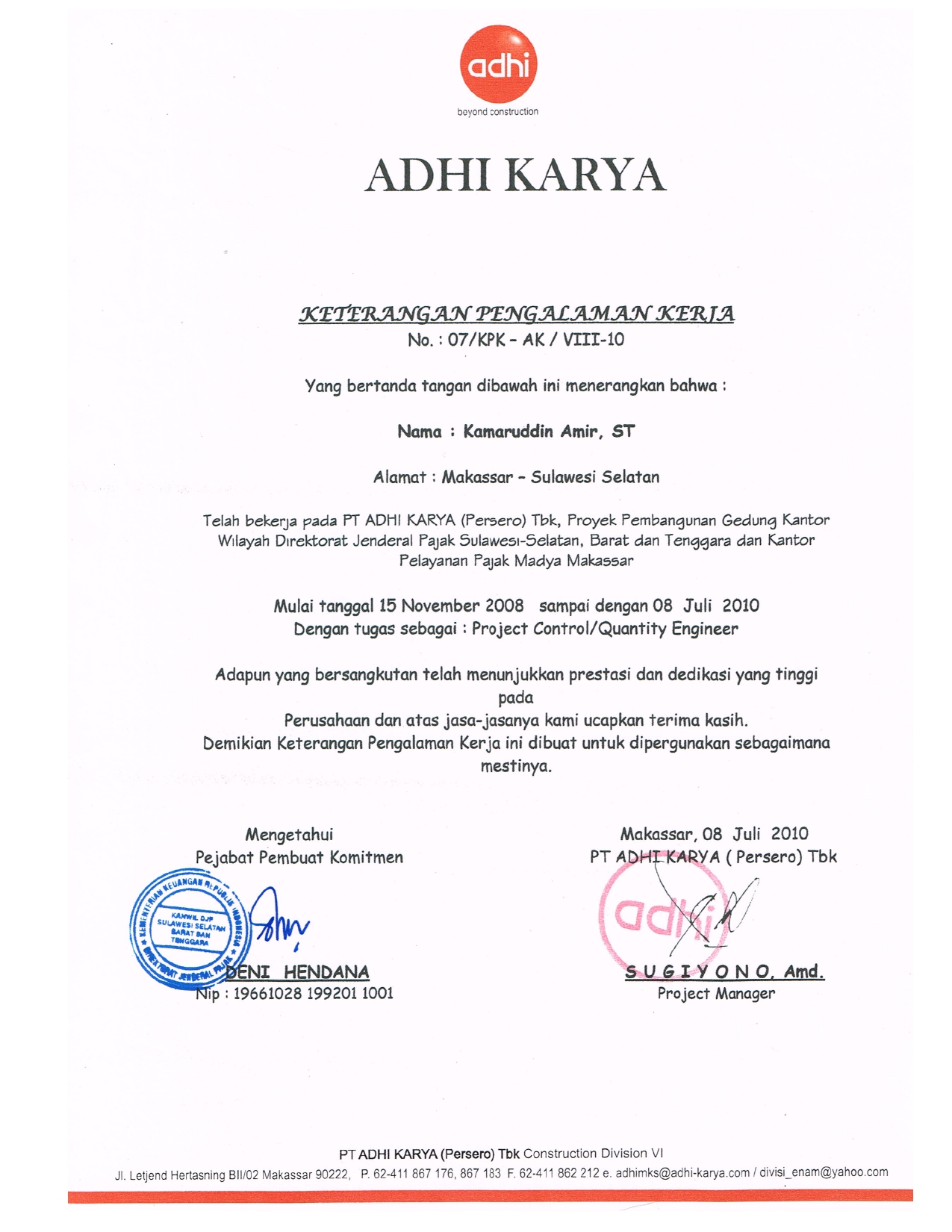 Keterangan Kerja PT. AK