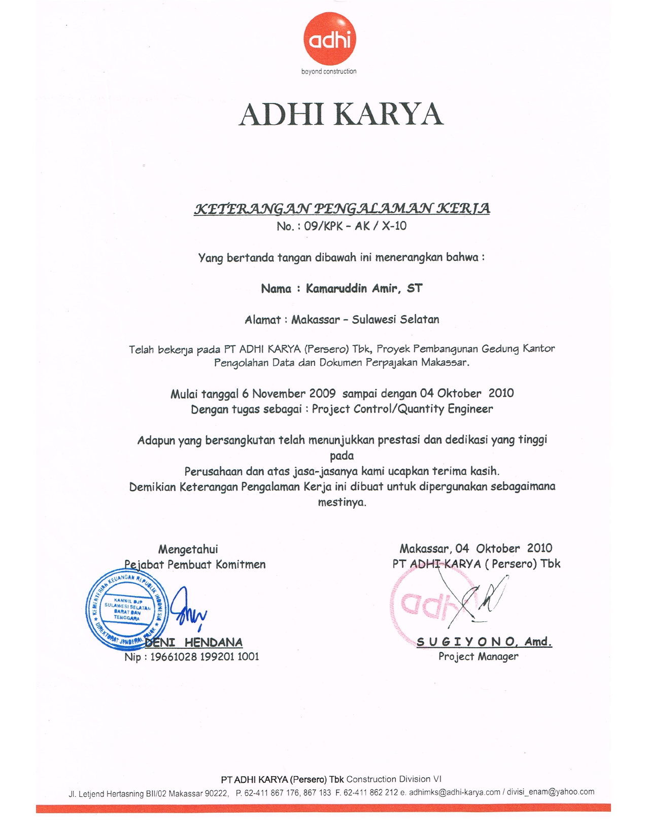 Keterangan Kerja PT. AK